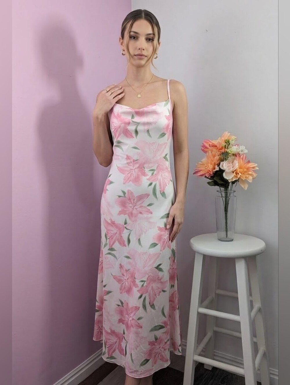 Pink Floral Satin Midi/Maxi Dress – Size S –Used Excellent Condition
